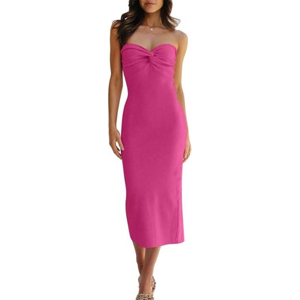 Magenta Pink‎ Ribbed Strapless Twist Front Bodycon Midi Dress Small Back Slit